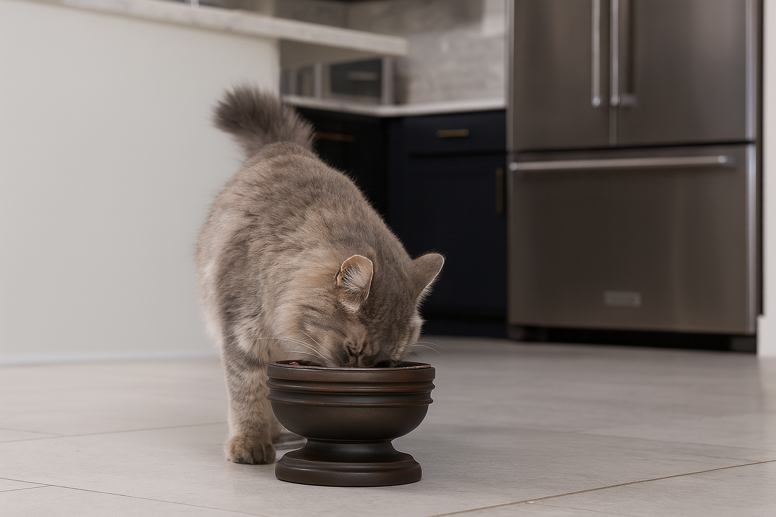 Large cat eating from stylish raised cat bowls from Miacara designs.