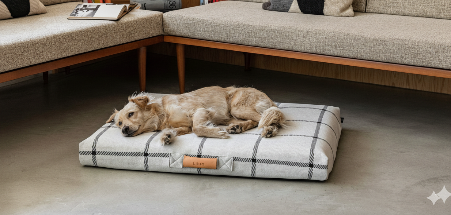 Large dog sleeping on a high quality large dog bed from Miacara bolster bed collection.