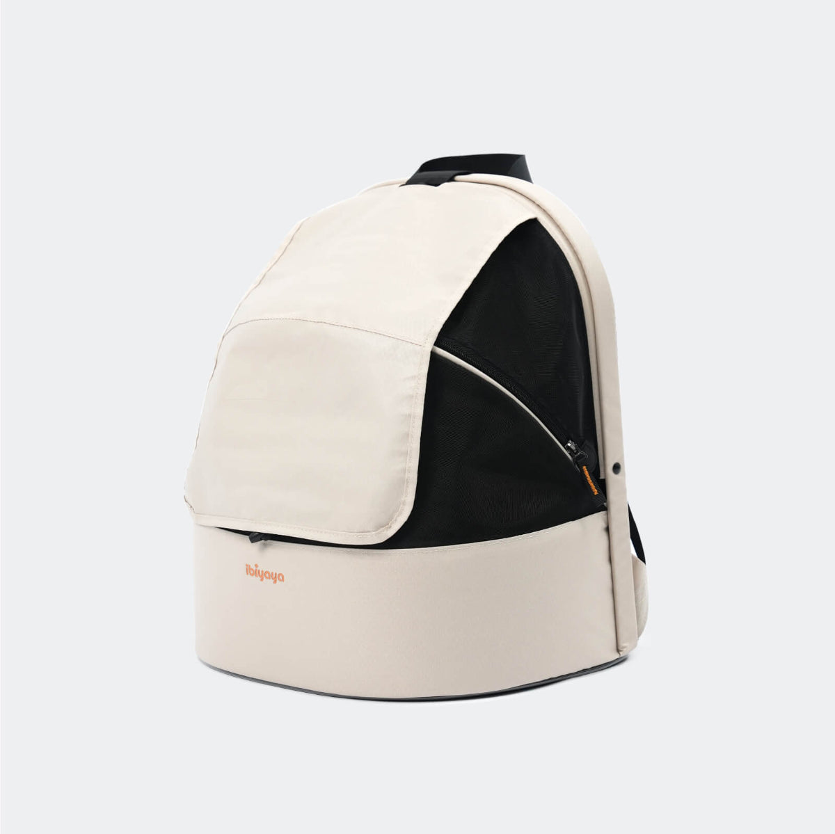 Beige backpack pet carrier with a black interior on a light gray background and Ibiyaya logo