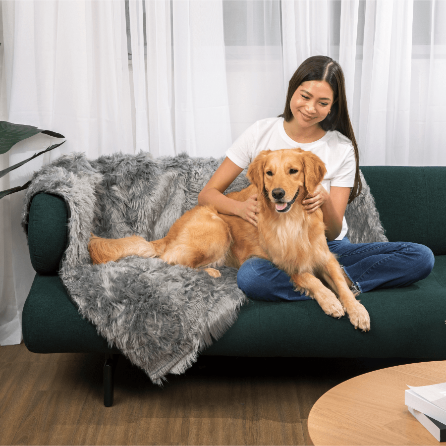 Woman sitting on a green couch with a golden retriever dog, surrounded by white curtains.