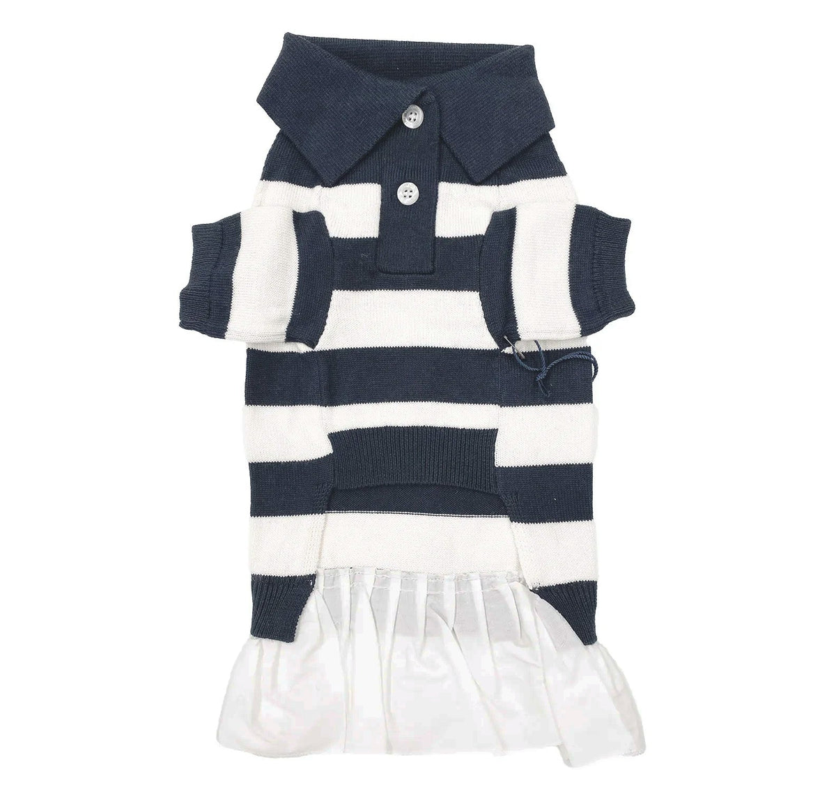 Gladys striped dog polo dress with logo buttons and white cotton ruffle skirt, front view
