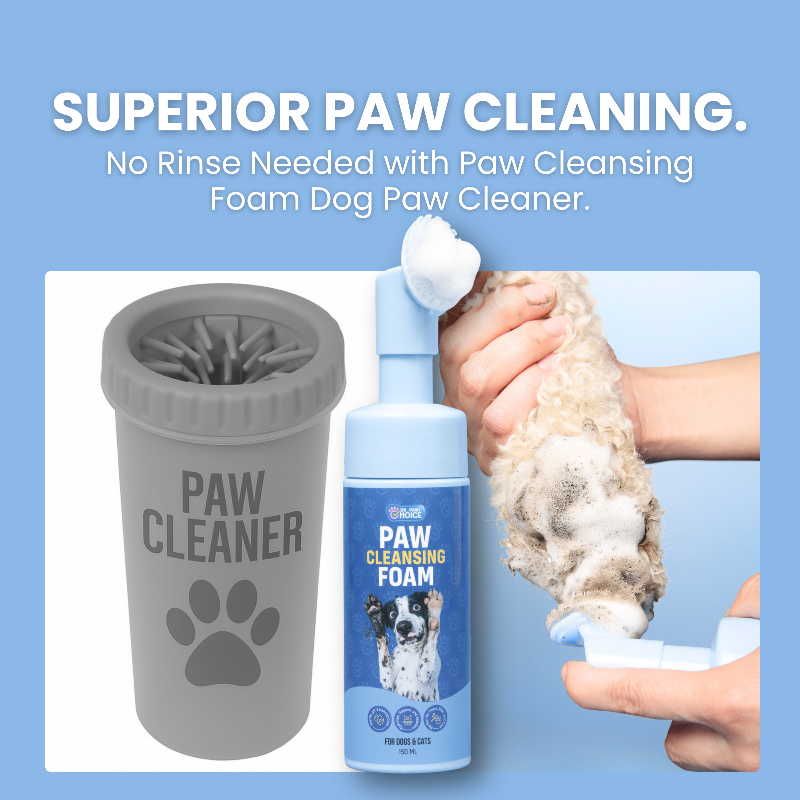Paw cleaning products with text 'Superior Paw Cleaning. No Rinse Needed with Paw Cleansing Foam Dog Paw Cleaner.'