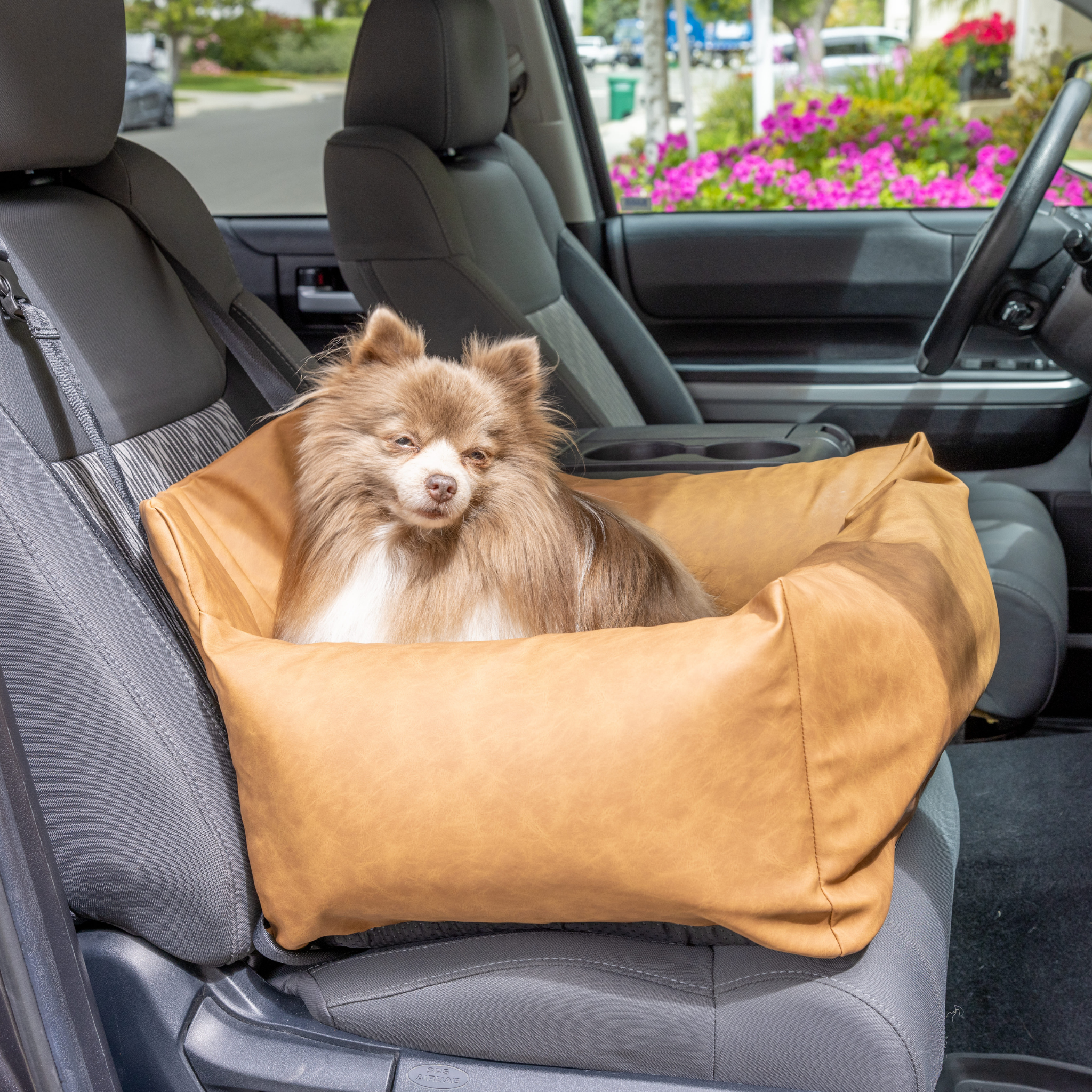 PupProtector Faux Leather Memory Foam Dog Car Bed - Camel