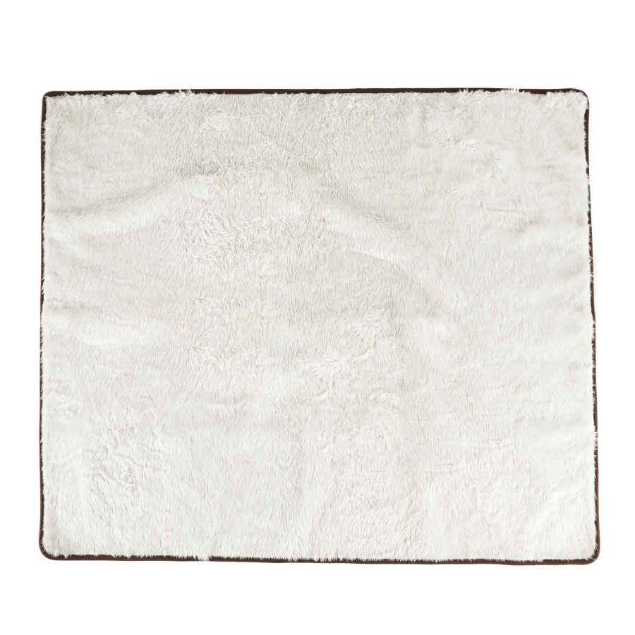 White rectangular pet blanket with a brown border on a white background