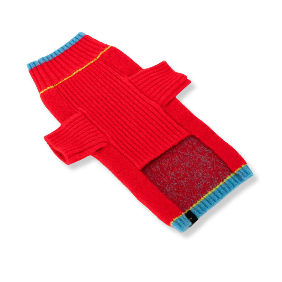 Underside of the red Ride or Die dog sweater showing the high-cut belly