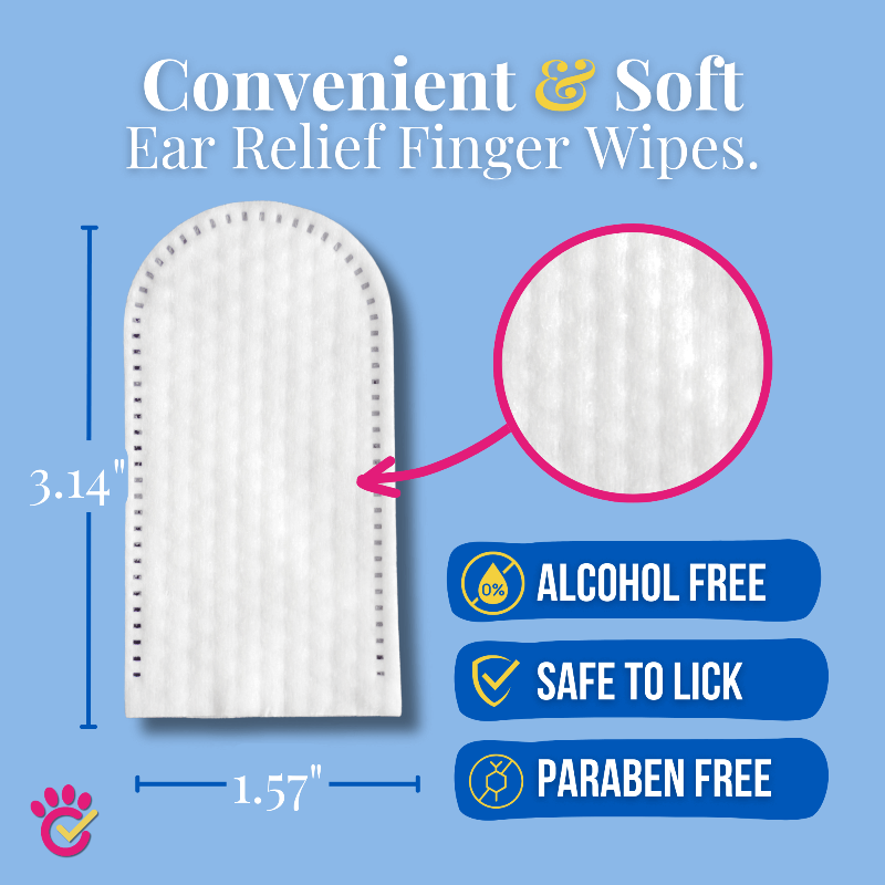 Ear relief finger wipes with measurements and safety features on a blue background