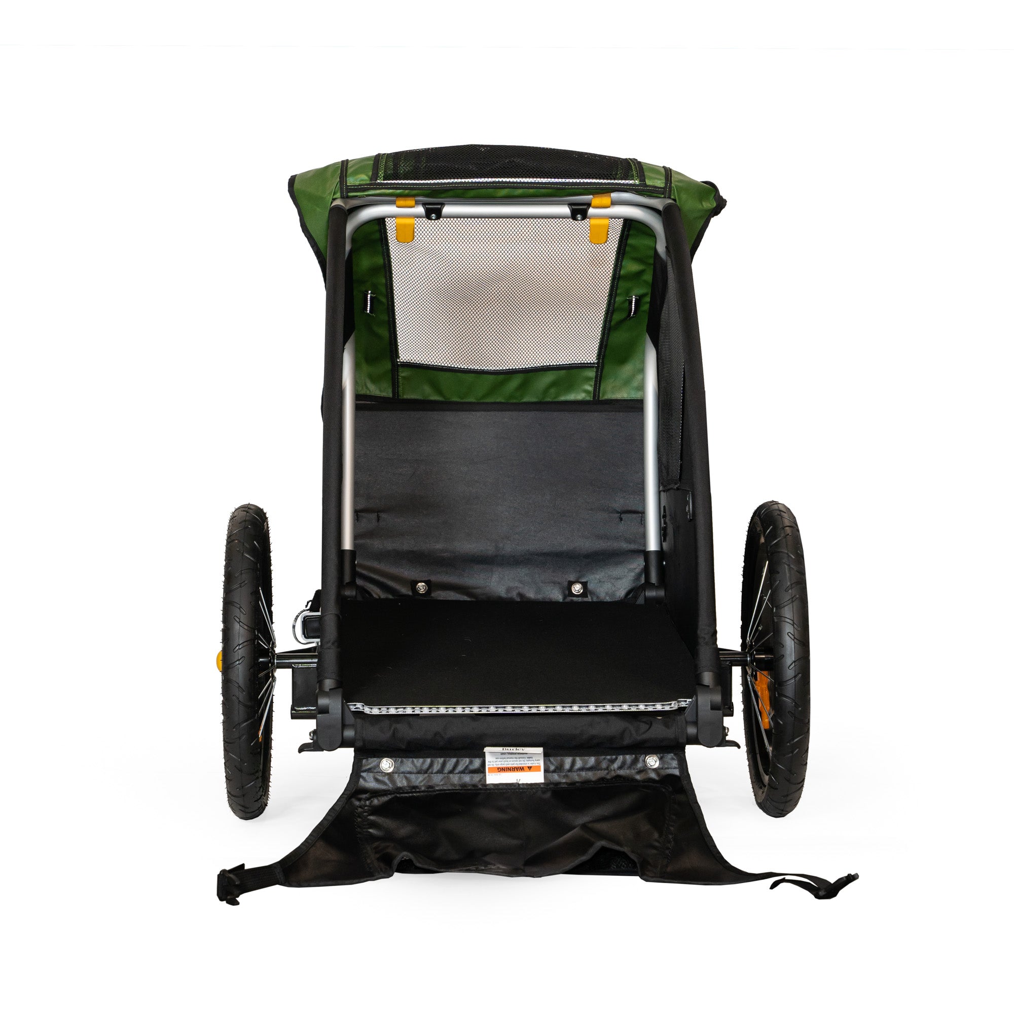 Green and black pet stroller on a white background