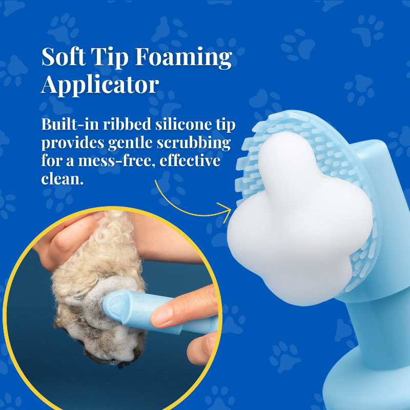 Dog grooming and paw cleansing tool with soft tip foaming applicator on a blue background