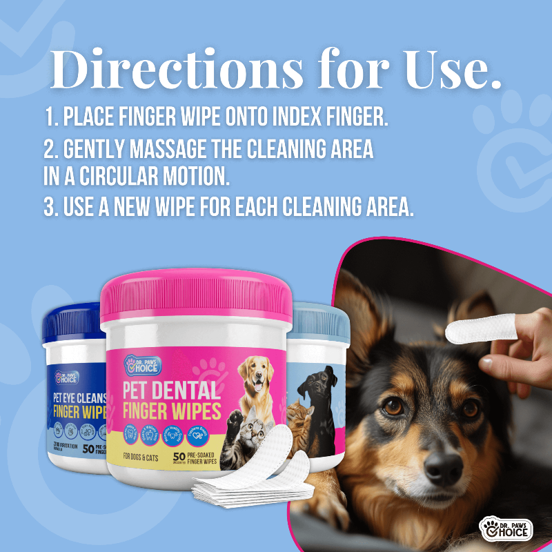 Pet eye finger wipes with usage instructions and a dog looking on.