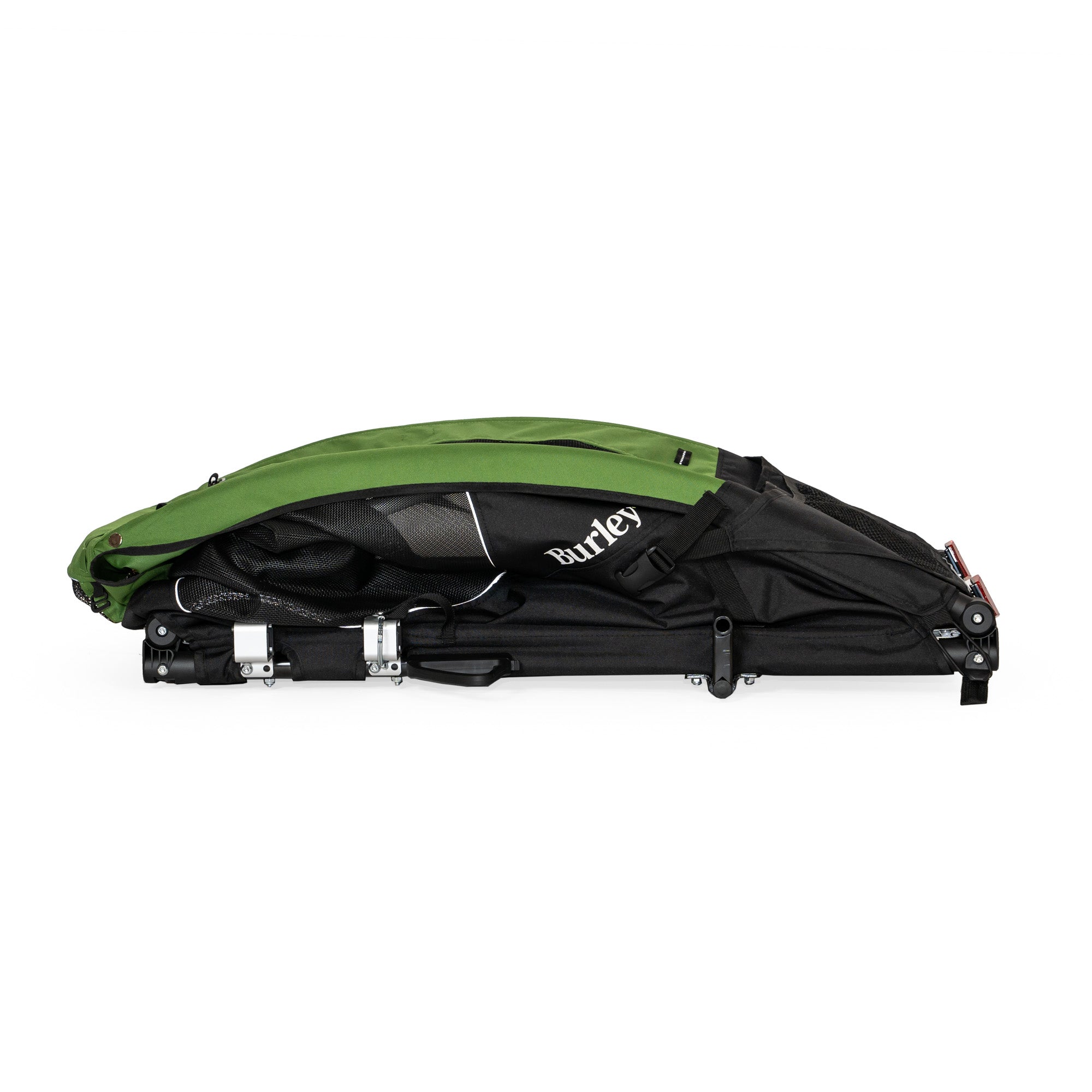 Green and black Burley dog bike trailer on a white background