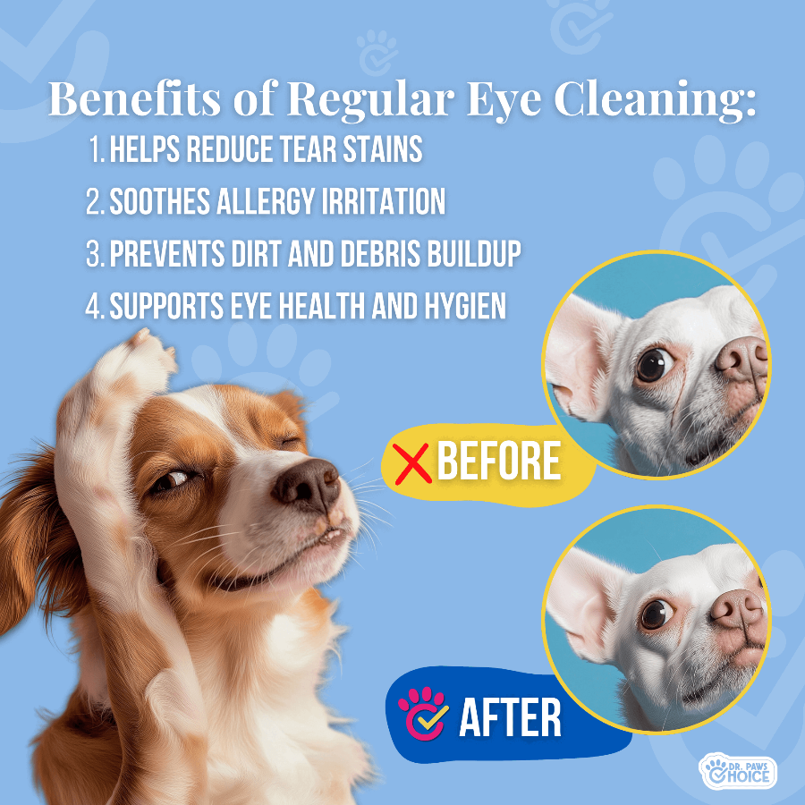 Advertisement for pet eye cleaning benefits with a dog and before/after images on a blue background.