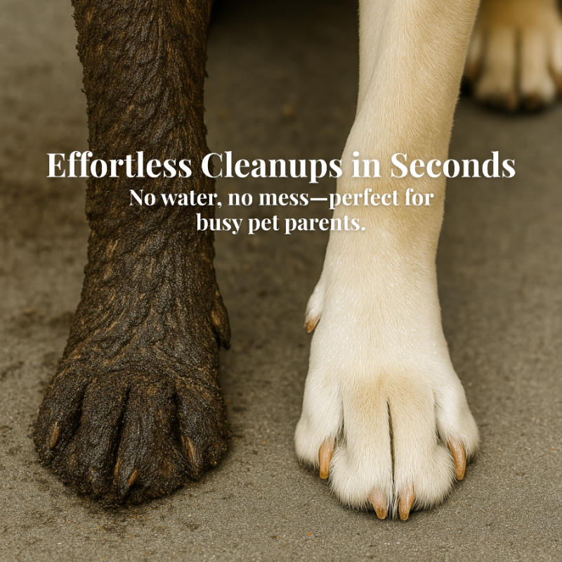 Close-up of a dirty paw and a clean paw with text about pet cleaning products.