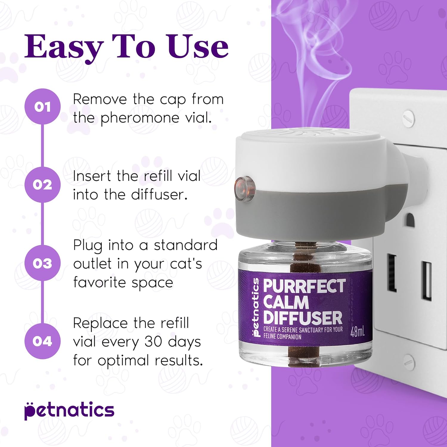 Petnatics Purrfect Calm Diffuser with usage instructions on a purple and white background