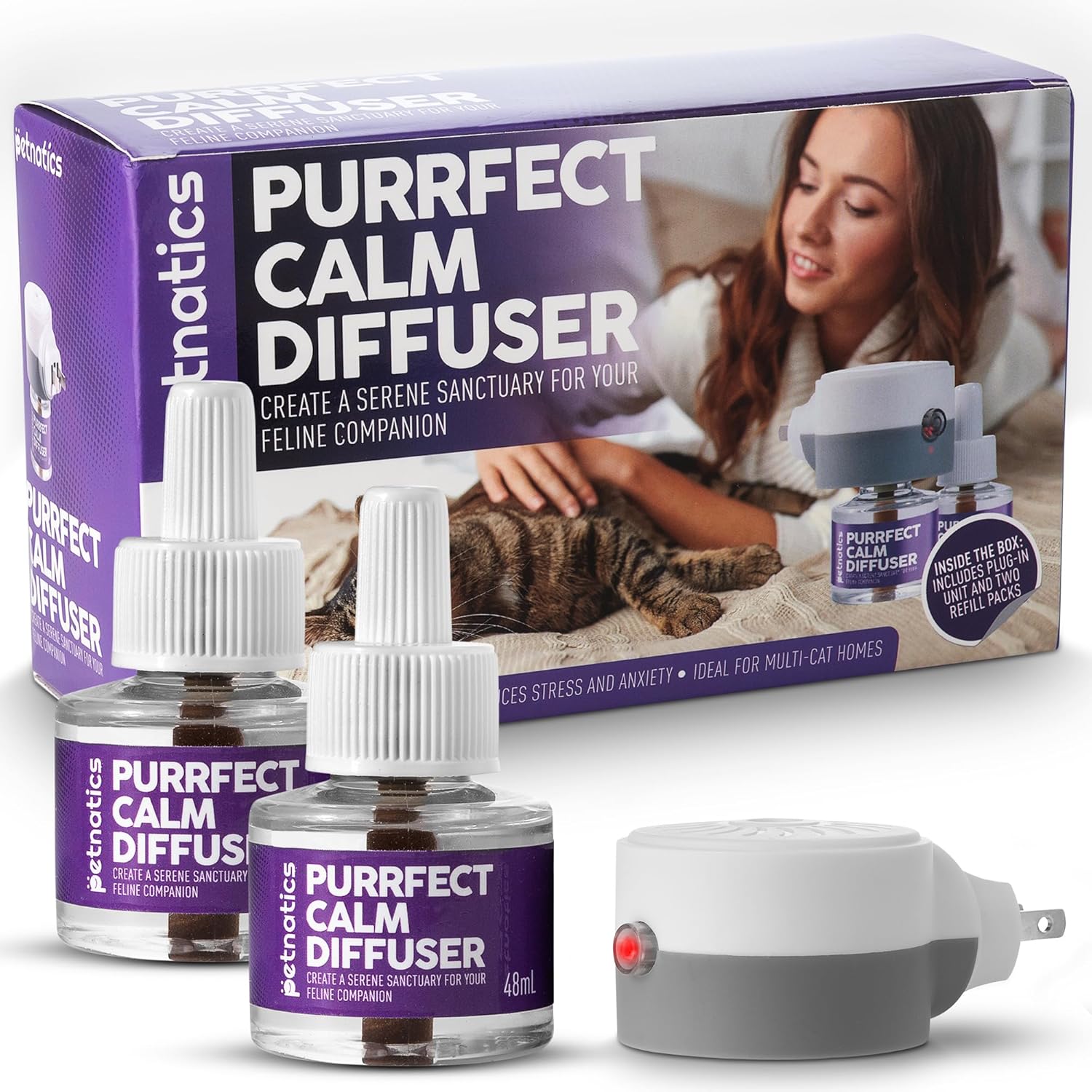 Purrfect Calm Diffuser packaging with diffuser bottles and device on a white background