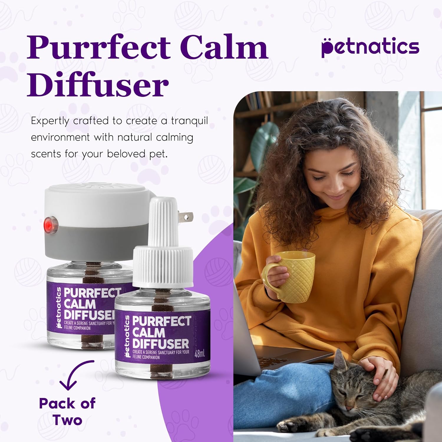 Petnatics Purrfect Calm Diffuser packaging with a woman and cat on a couch.
