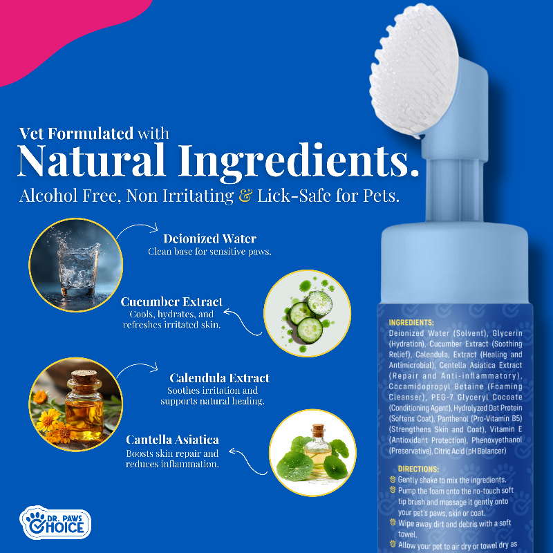 Vet formulated Dr. Paw's paw cleansing product with natural ingredients on a blue background