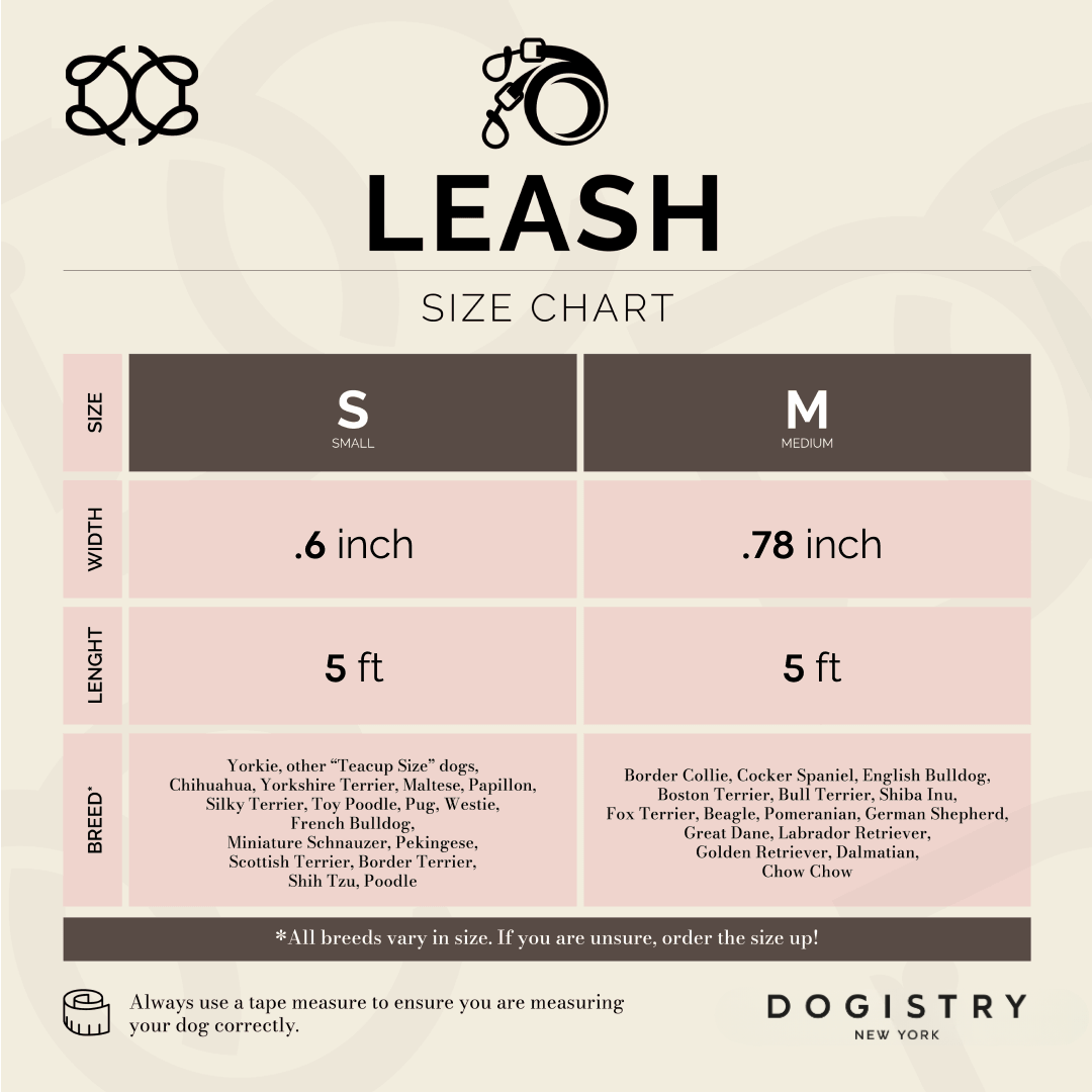Dog leash size chart with measurements and breeds listed, branded by Dogistry.