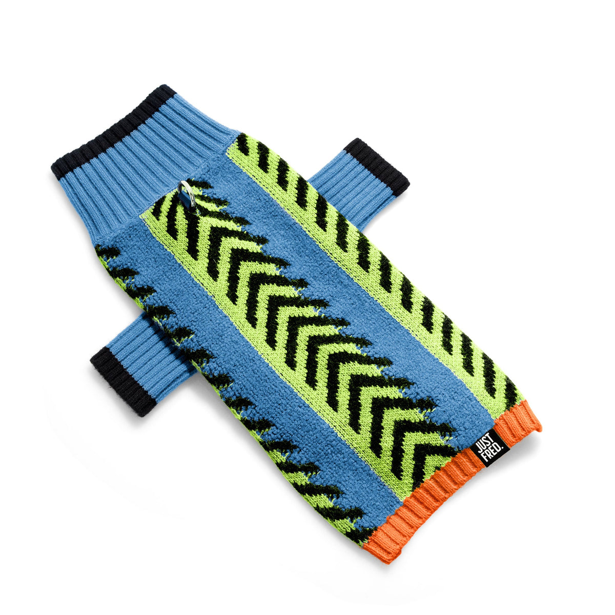 JUST FRED Lil Baddie dog sweater in Baddie Blue with neon chevron knit