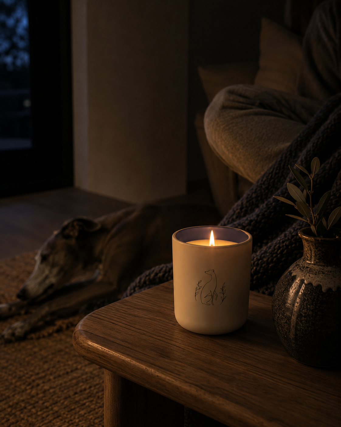 Non-toxic wood-and-resin candle safe for dogs free of parabens, phthalates, and endocrine disruptors lit inside a room with a pet