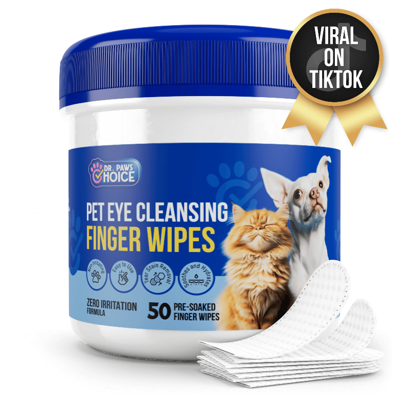 Pet eye cleansing finger wipes with a blue and white container on a white background