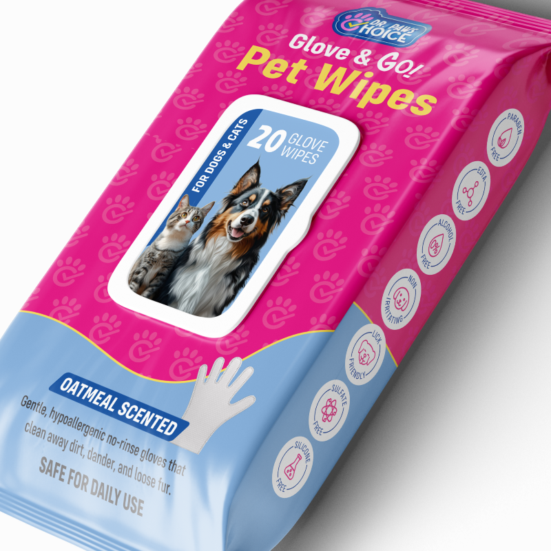 Pink and blue package of Glove & Go Pet Wipes with images of a dog and cat on a white background