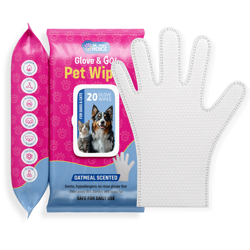 Pet care product set with gloves and wipes on a white background