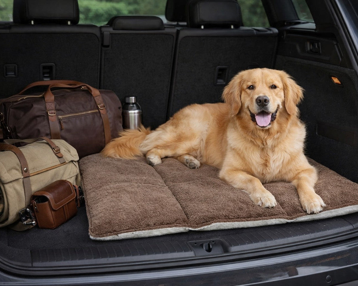 Golden Retriever lying on the Bowsers Urban Home & Travel Dog Mat in an SUV cargo area, a foldable car travel mat