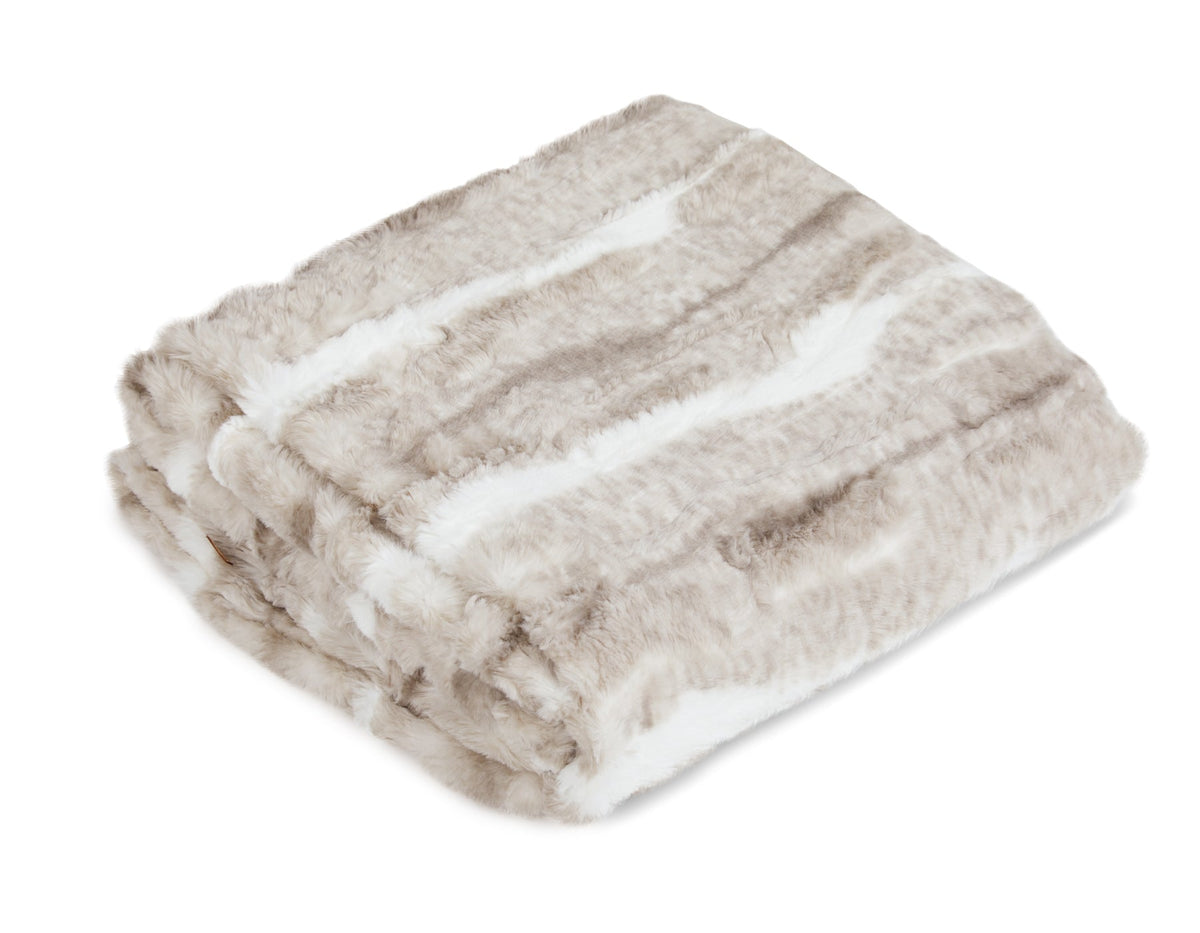 Jax & Bones Aspen faux mink dog blanket folded, plush taupe, grey and ivory striped faux fur