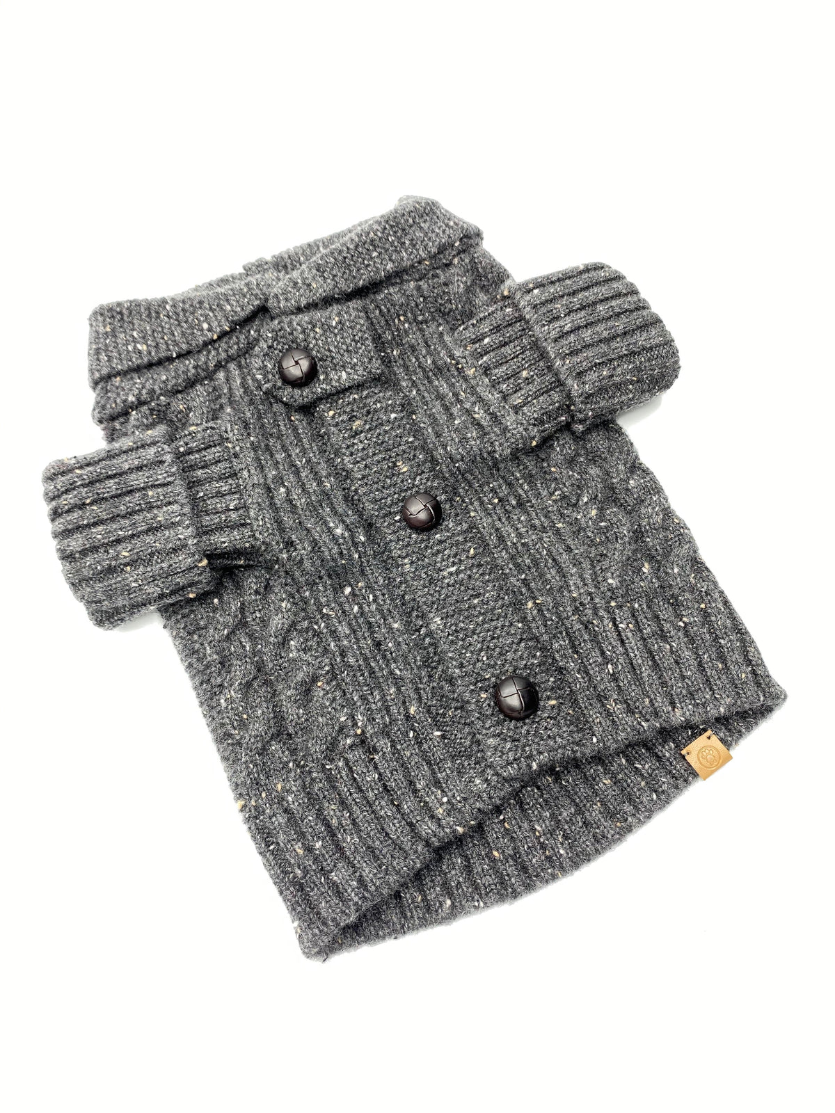 Charcoal Brooklyn 100% cashmere dog cardigan with shawl collar and leather buttons, front view