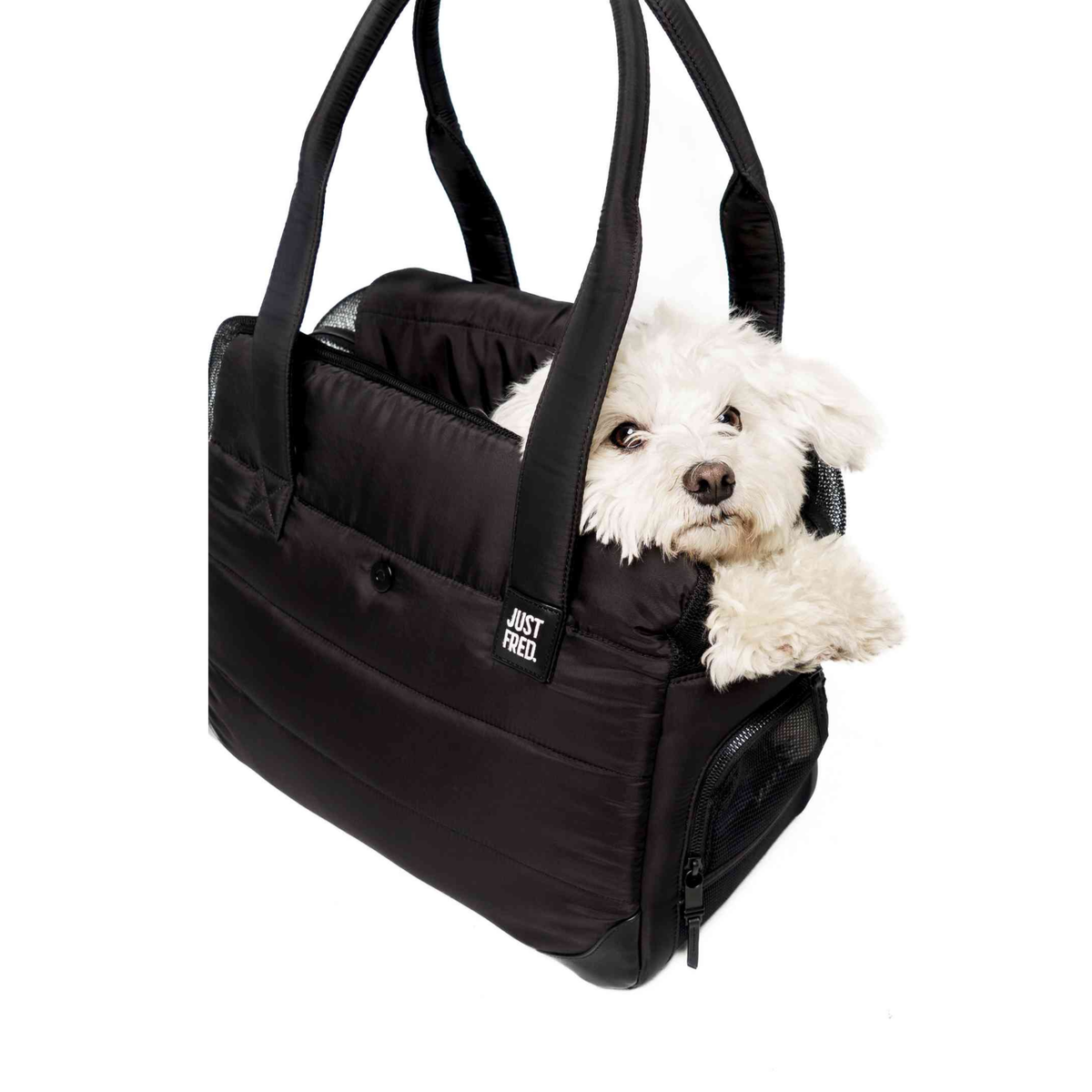 White dog peeking out of the JUST FRED Companion Tote dog carrier
