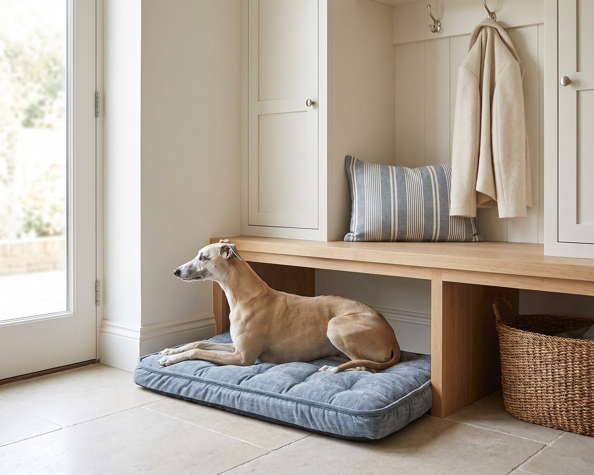 Whippet lying on the Bowsers Luxury Crate Mattress in Mineral as a mudroom dog bed