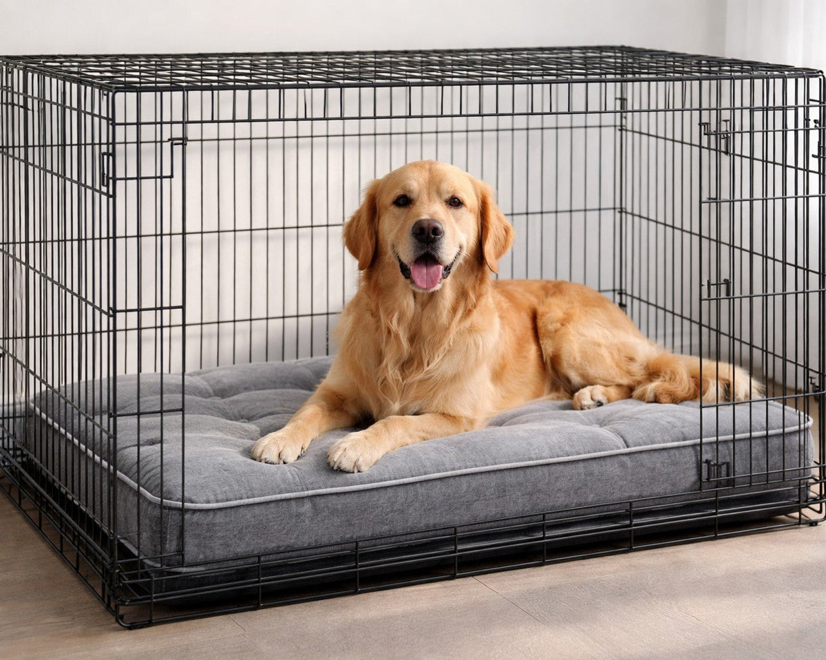 Dog on the Bowsers Luxury Dog Crate Mattress, a washable crate pad and low-profile dog bed