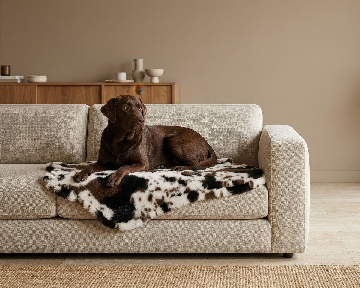 Chocolate Labrador lying on the Bowsers Maverick faux fur sofa topper blanket in Longhorn, protecting the couch from pet hair