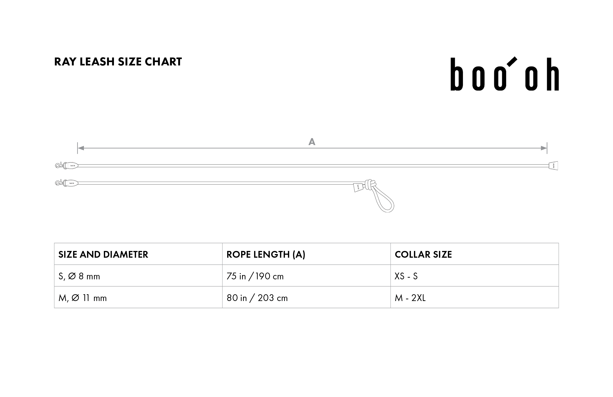Ray Leash size chart with dimensions and 'booo' brand logo