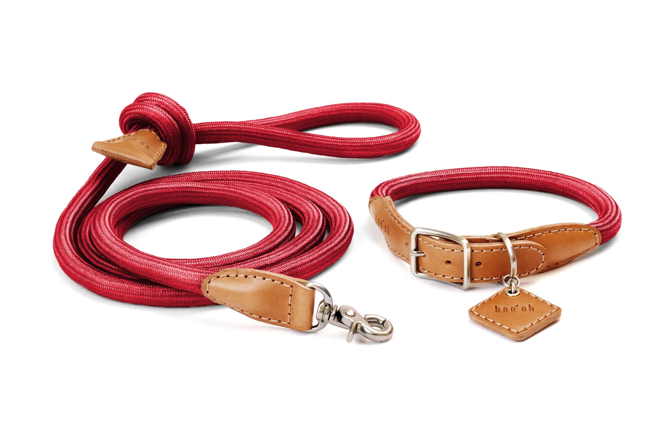 Red dog leash and collar with brown leather accents with Boo Oh tag
