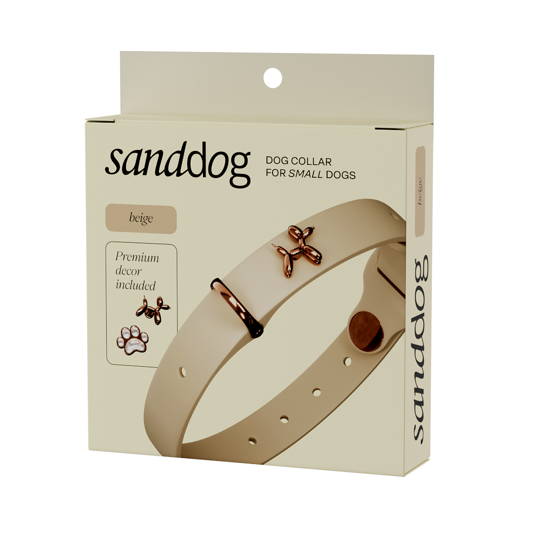 Beige small dog collar packaging with sanddog branding on a white background