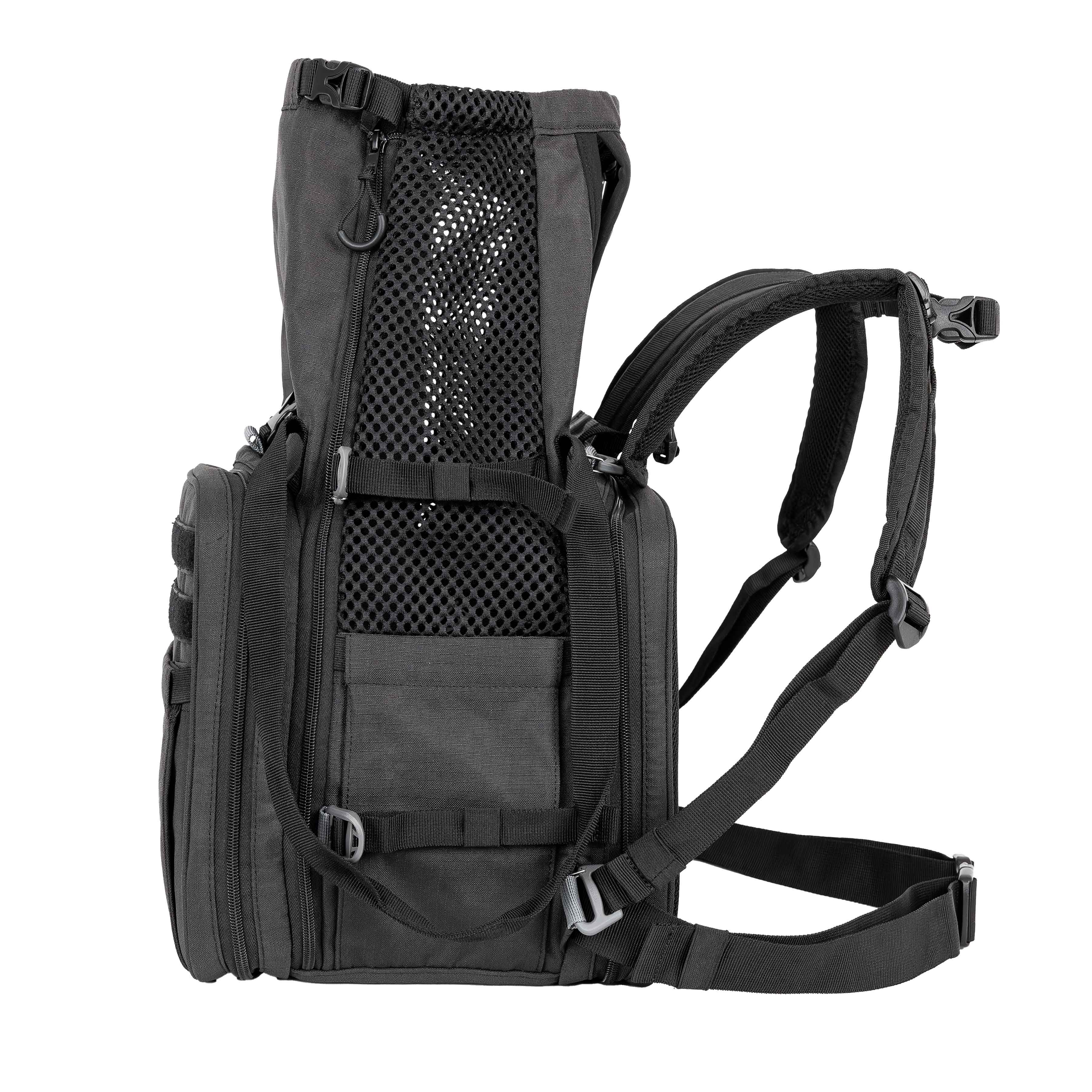 Black dog backpack with multiple pockets and straps on a white background