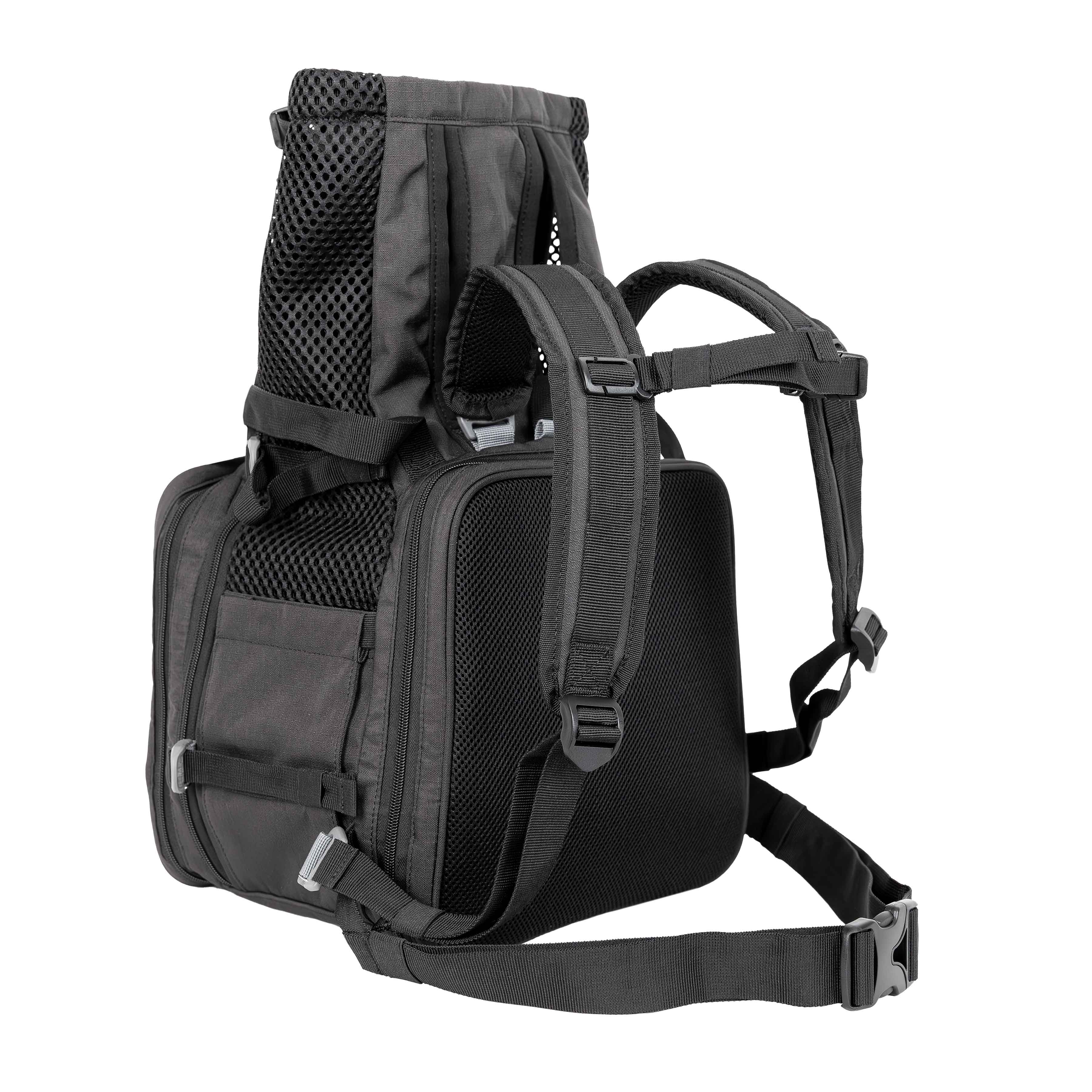 Black dog backpack with multiple compartments and straps on a white background