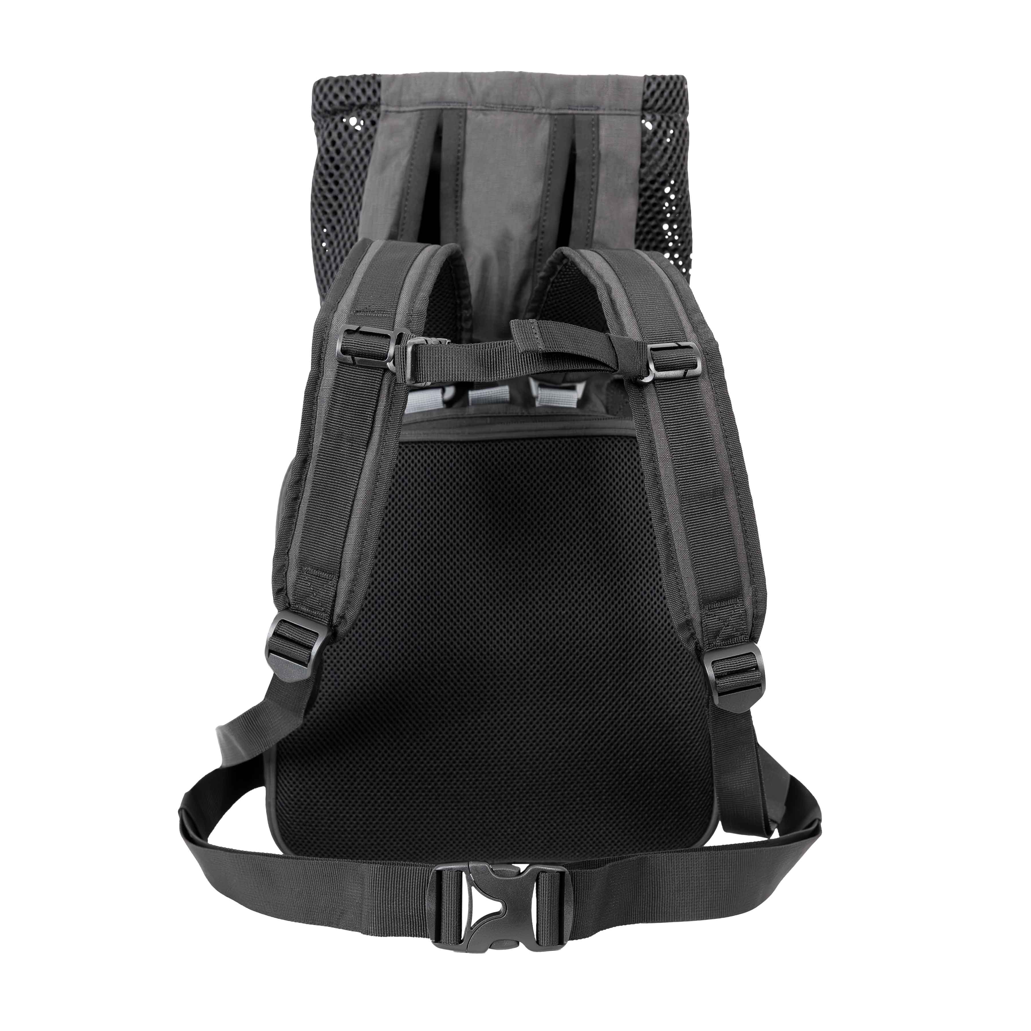 Black dog carrier backpack with mesh ventilation on a white background