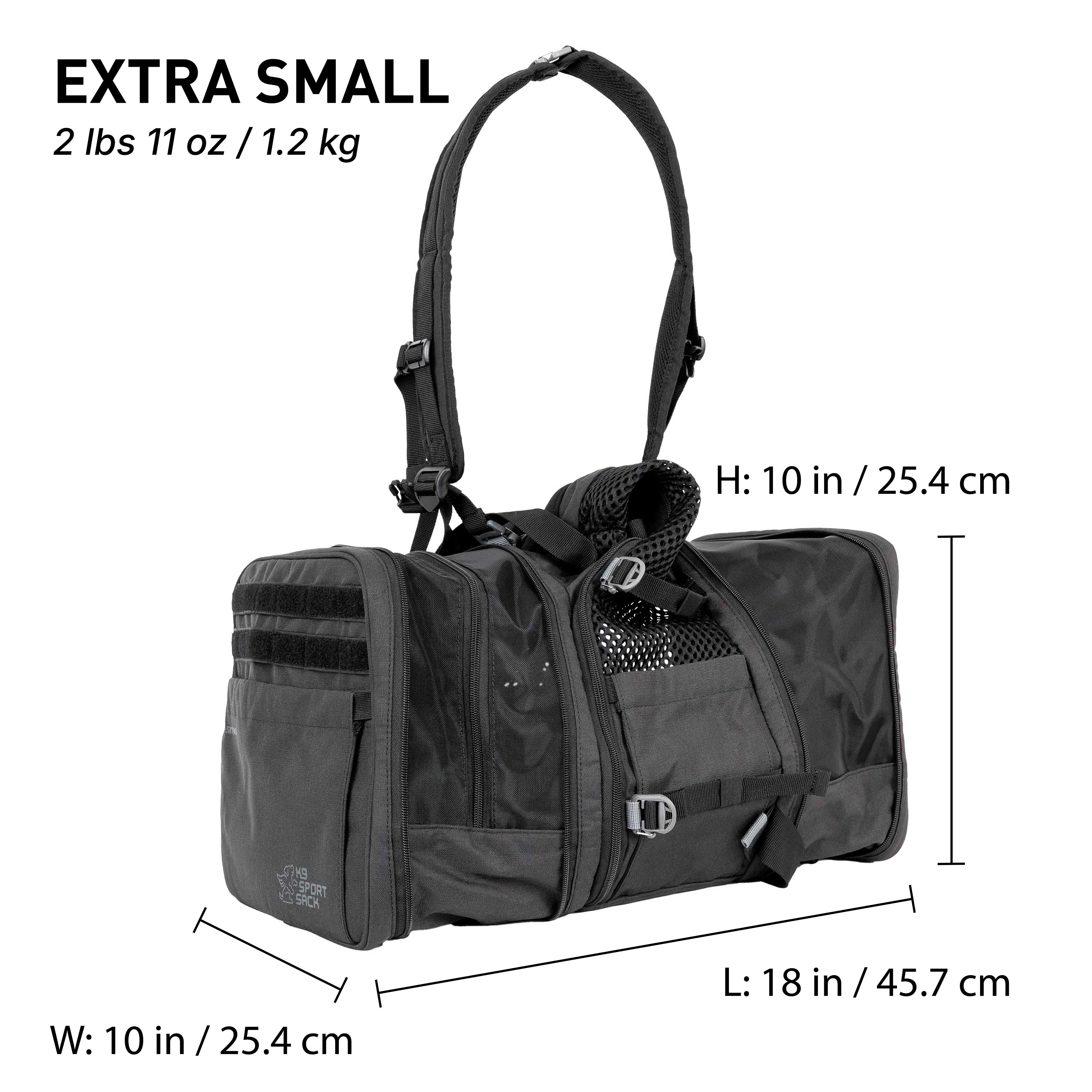 K9 Sport Sack dog backpack black carrier with measurements on a white background