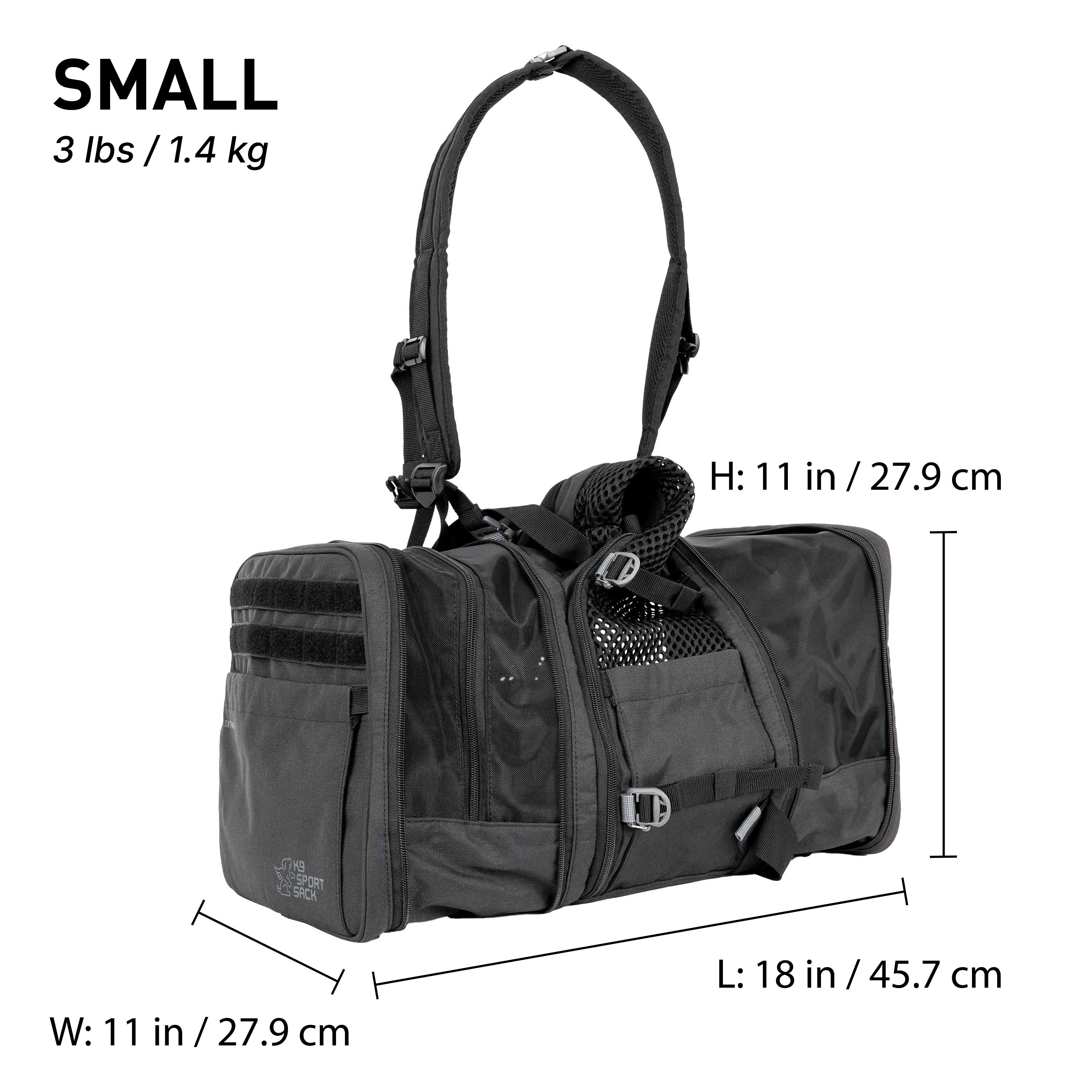 K9 Sport Sack dog backpack with measurements on a white background