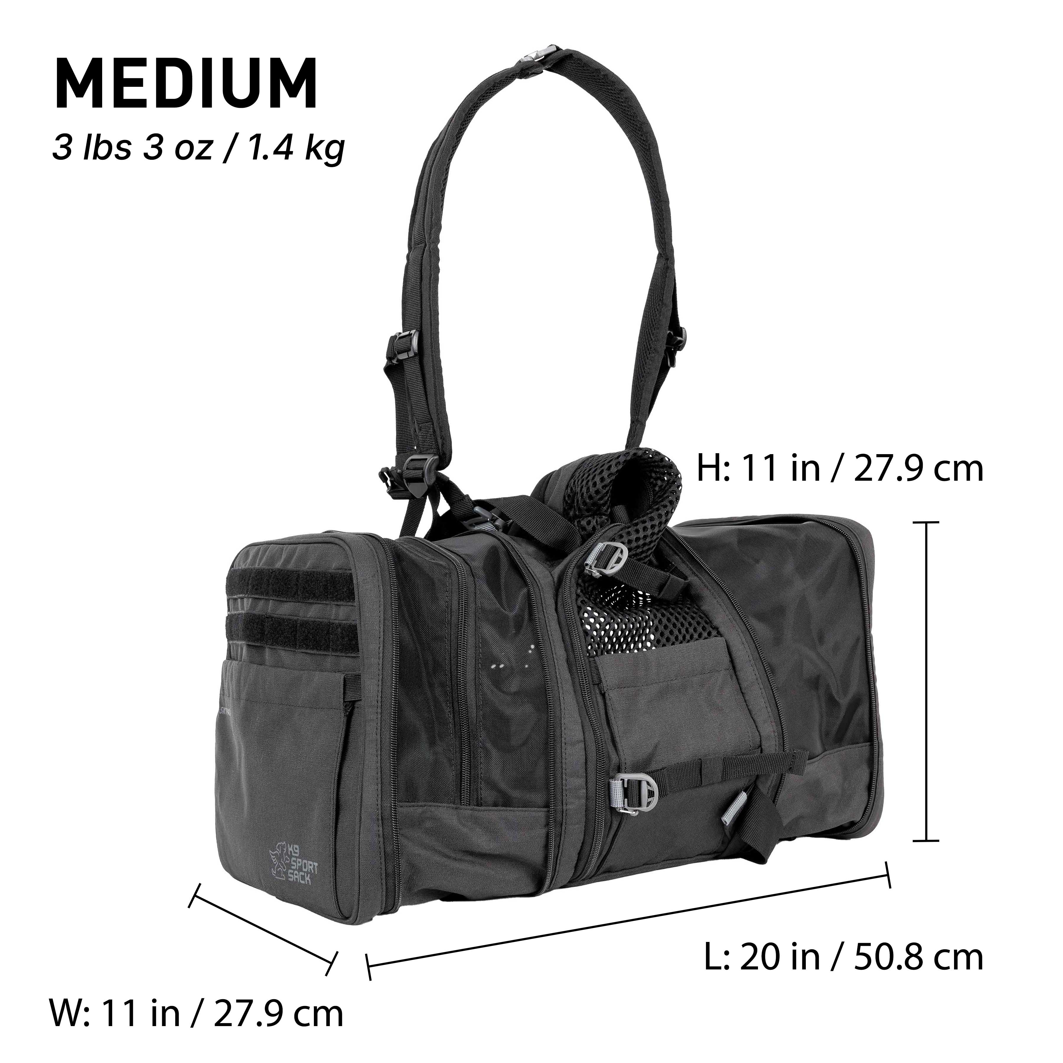 Black pet carrier with measurements on a white background