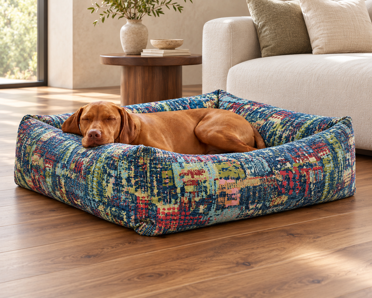 Vizsla sleeping in the Bowsers Franklin overstuffed bolster dog bed in a colorful woven fabric