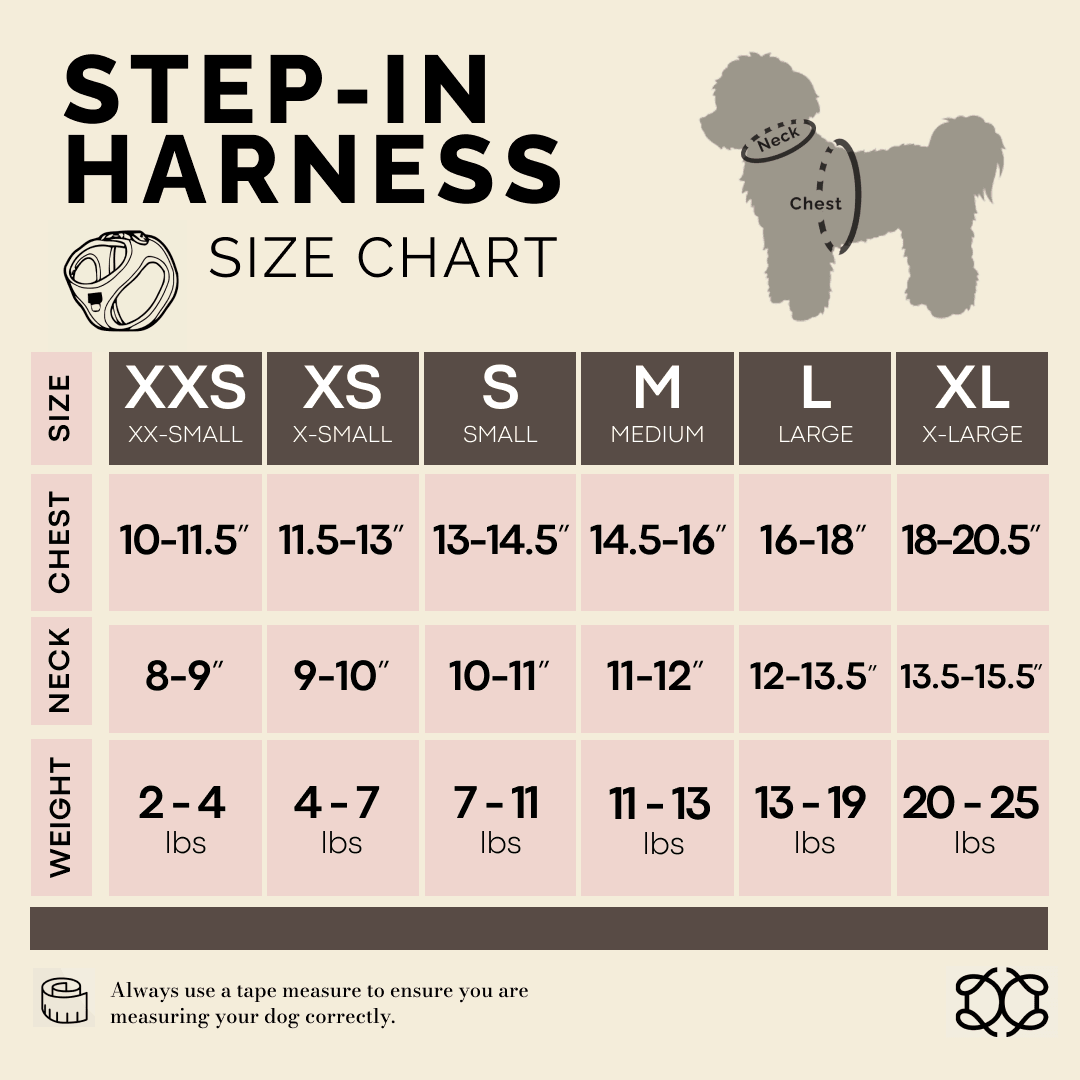 Step-in harness size chart for dogs with measurements and weight range.