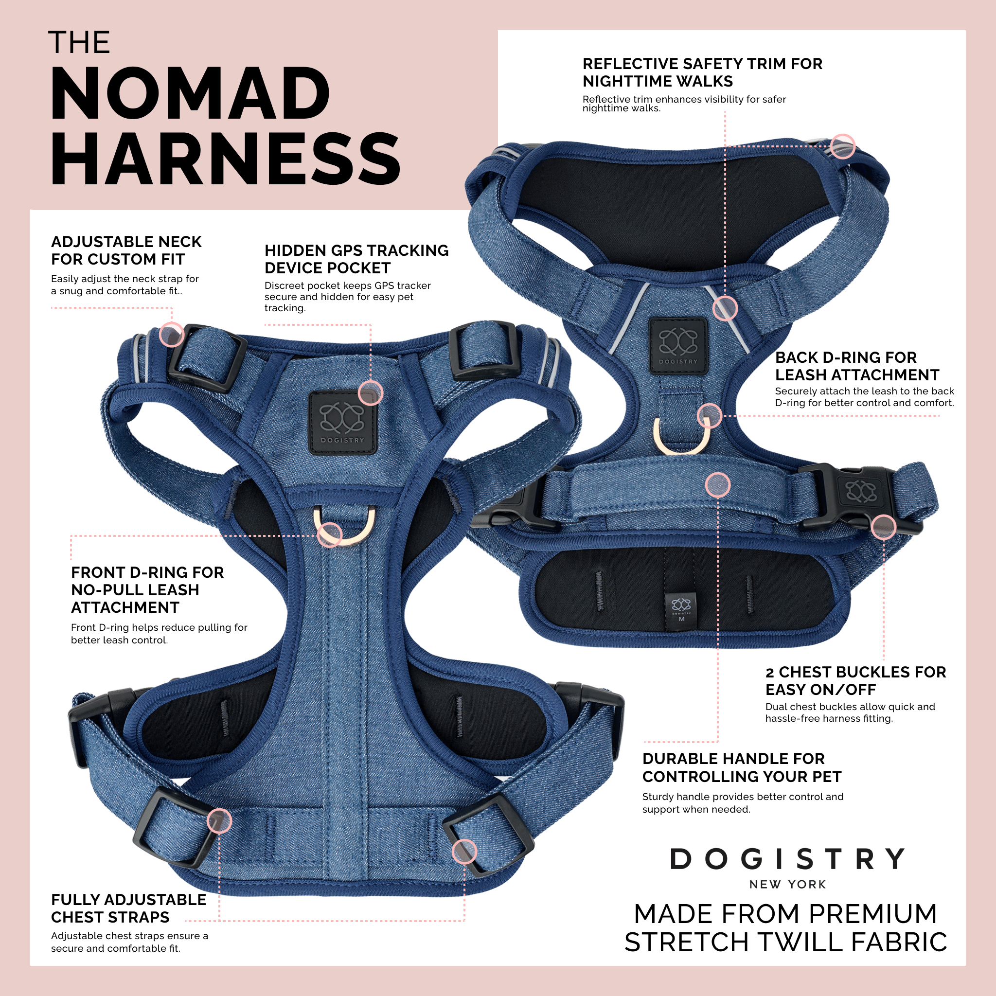 NoMad Adjustable Luxe Harness For Dogs 25-50 pounds