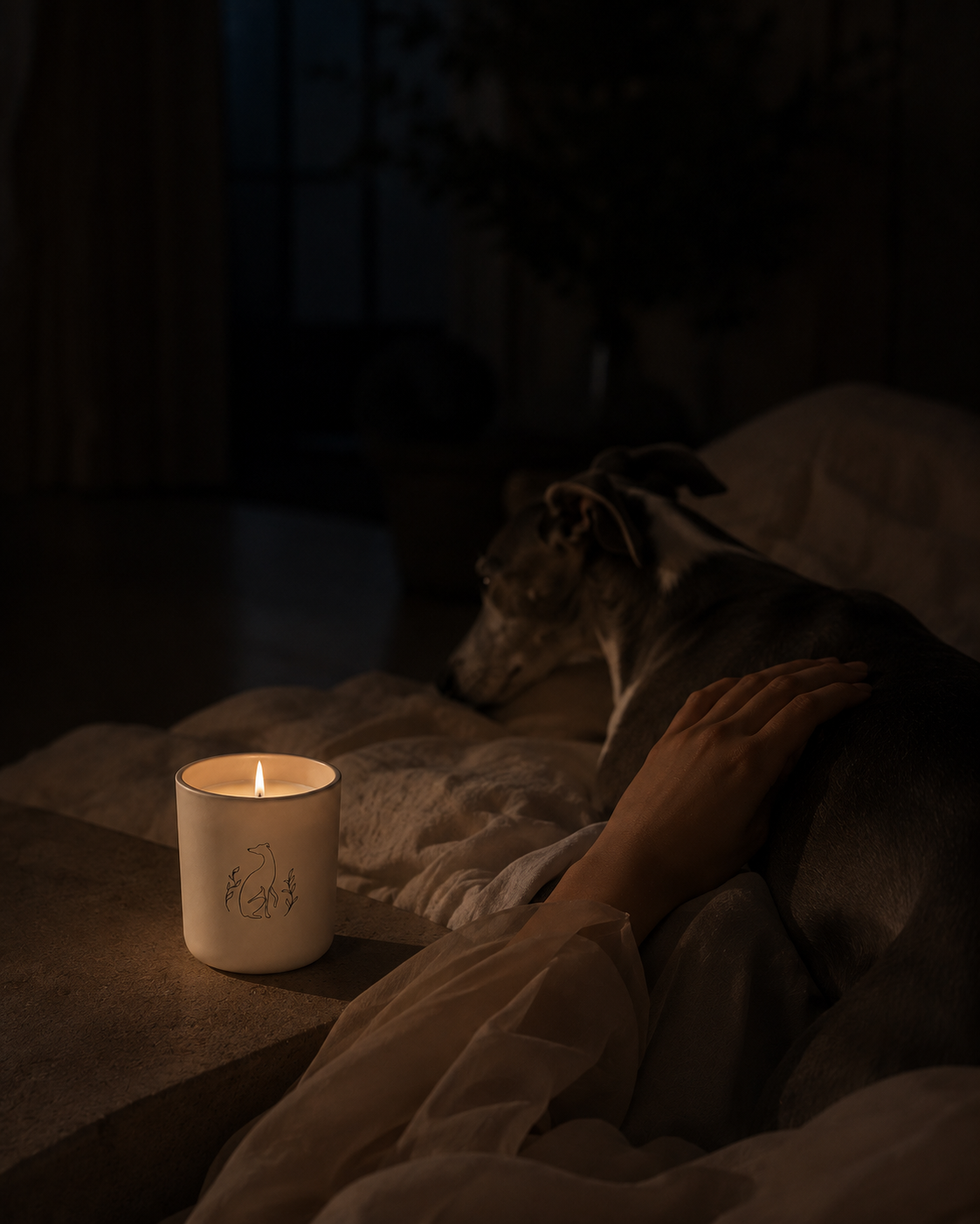 Non-toxic candle glowing on a nightstand beside a dog cuddled in bed with its owner