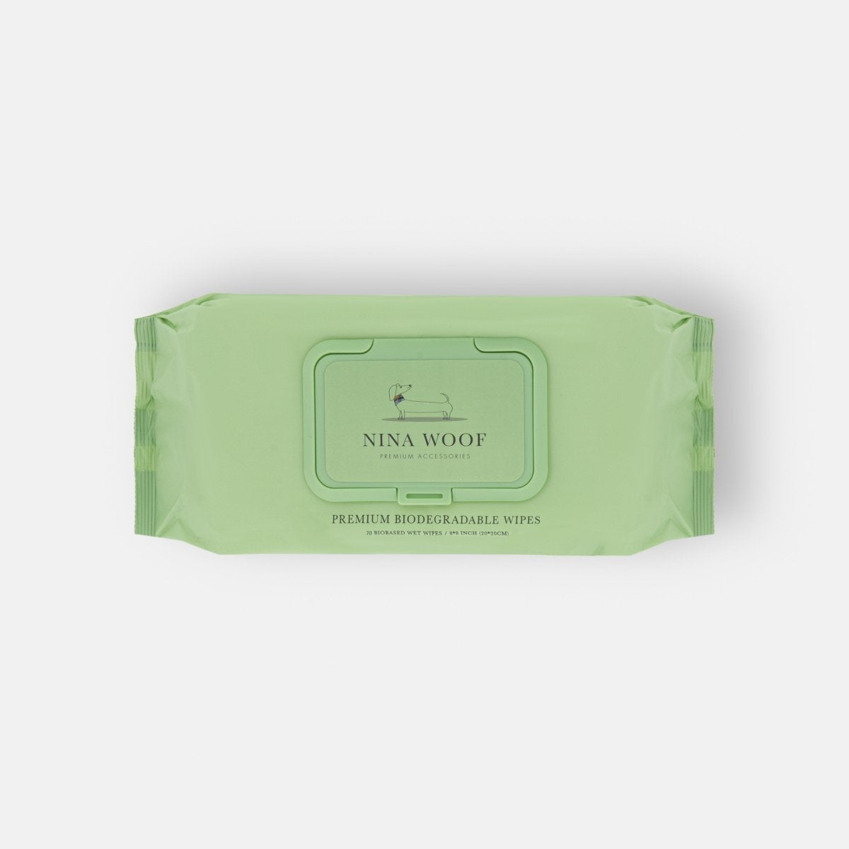 Green package of Nina Woof dog wipes on a white background