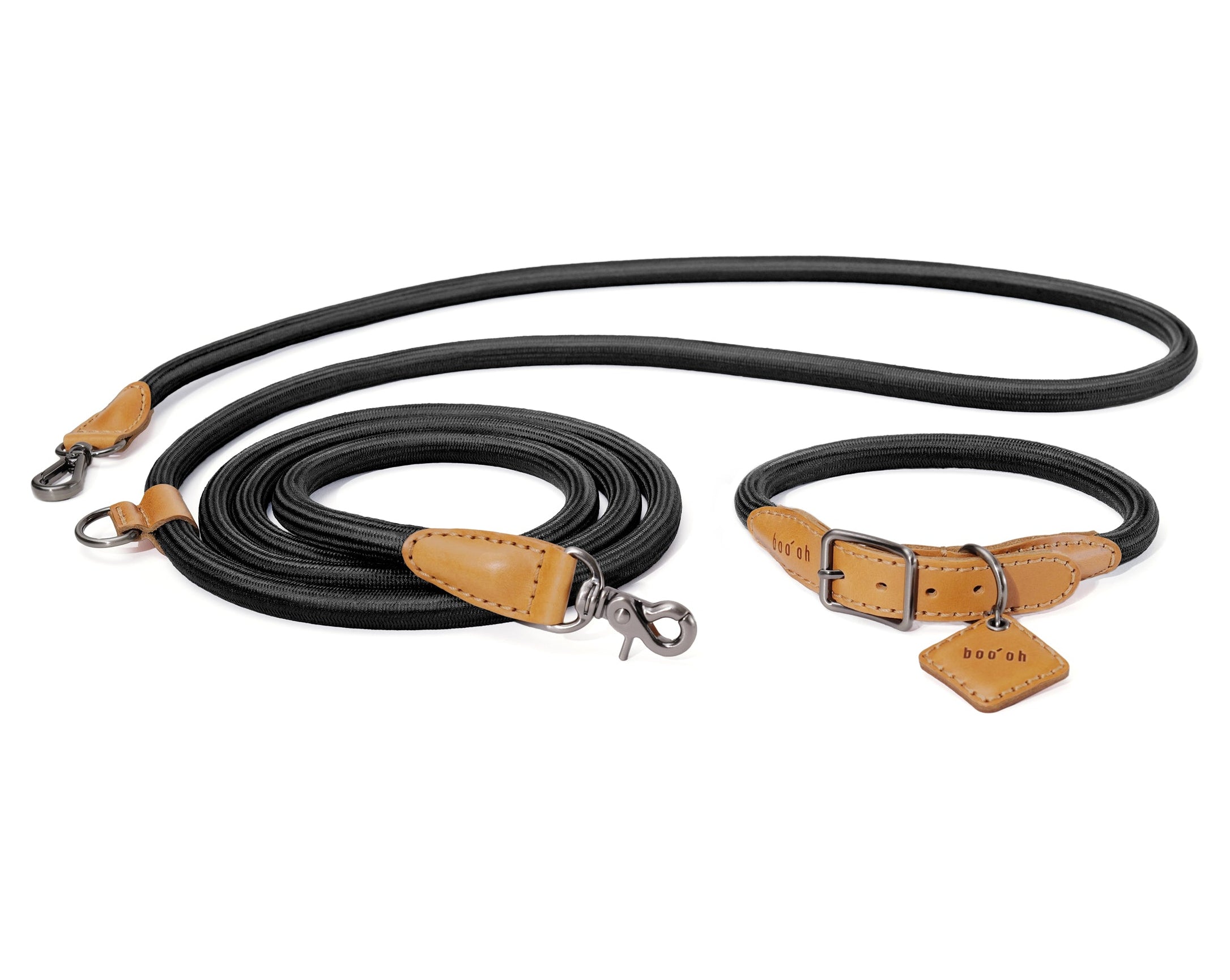 Black rope dog leash with brown leather ends and metal clasps on a white background with Boo Oh logo