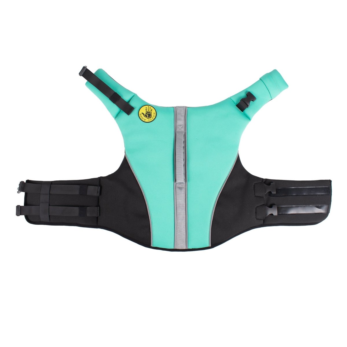 Turquoise and black dog harness with reflective strip on a white background