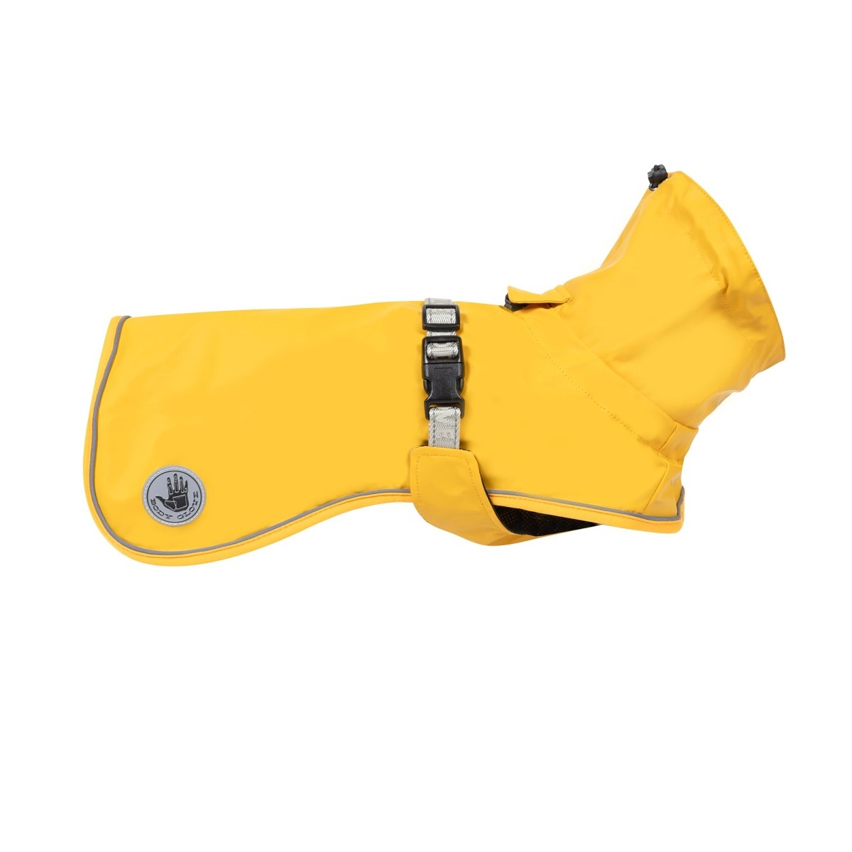 Yellow rain jacket for dogs with Body Glove logo. Pet raincoat.